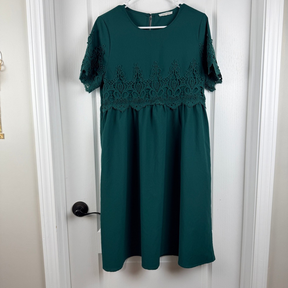 Tea n Rose Dark Green Women's SmallLace Overlay Empire Waist Mini Dress ID8802
